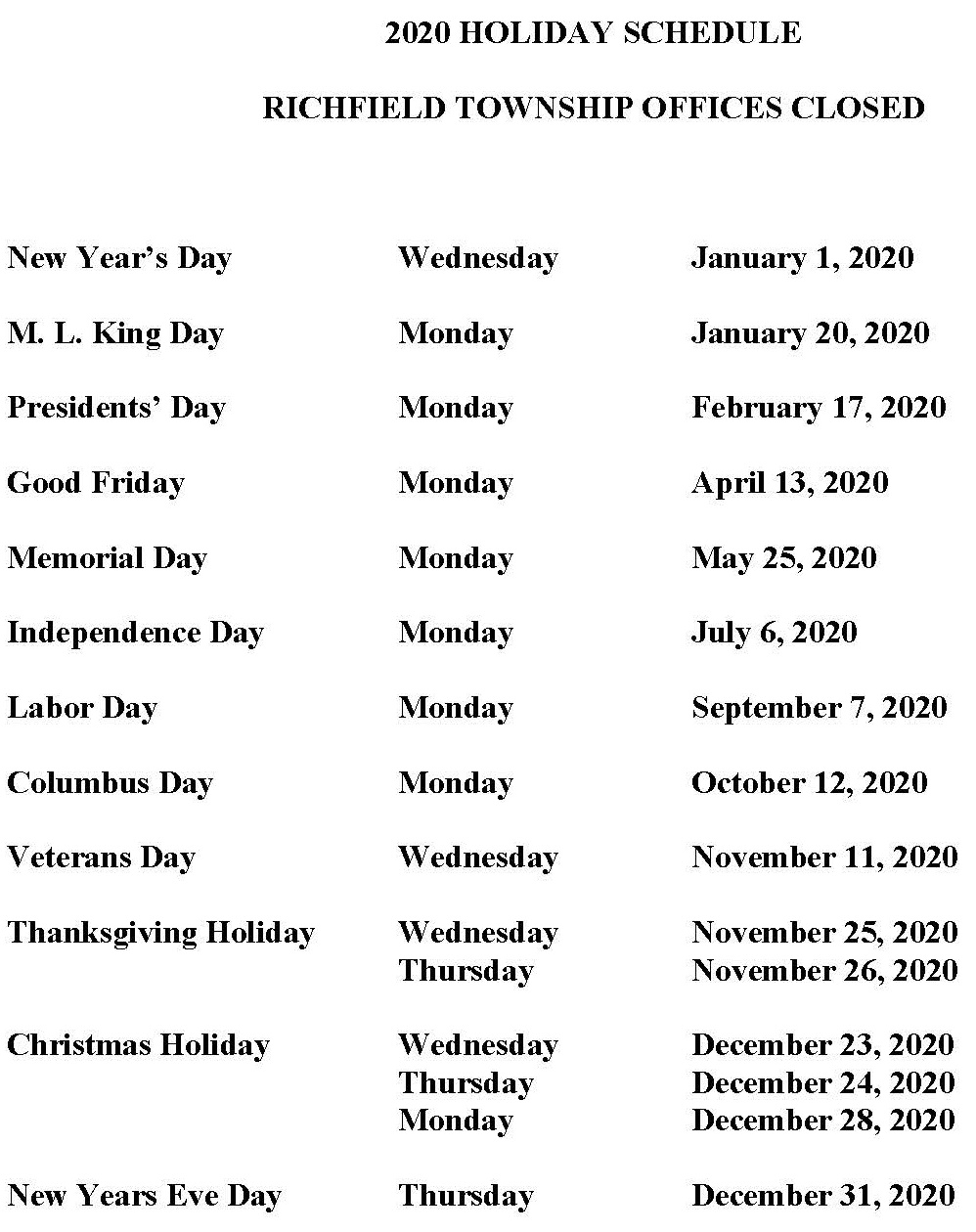 Richfield Township, Genesee County > General Information > Holiday Schedule